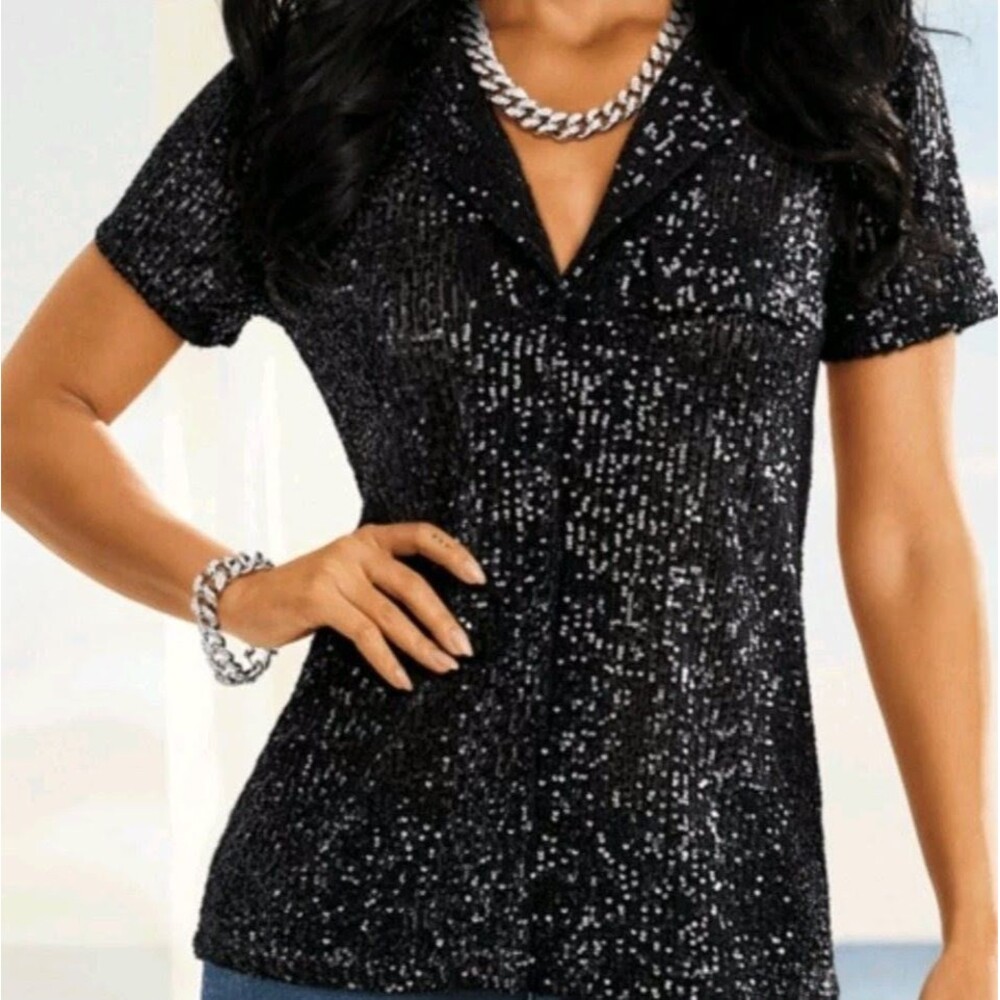Black Sequin Blouse Top Size 3X